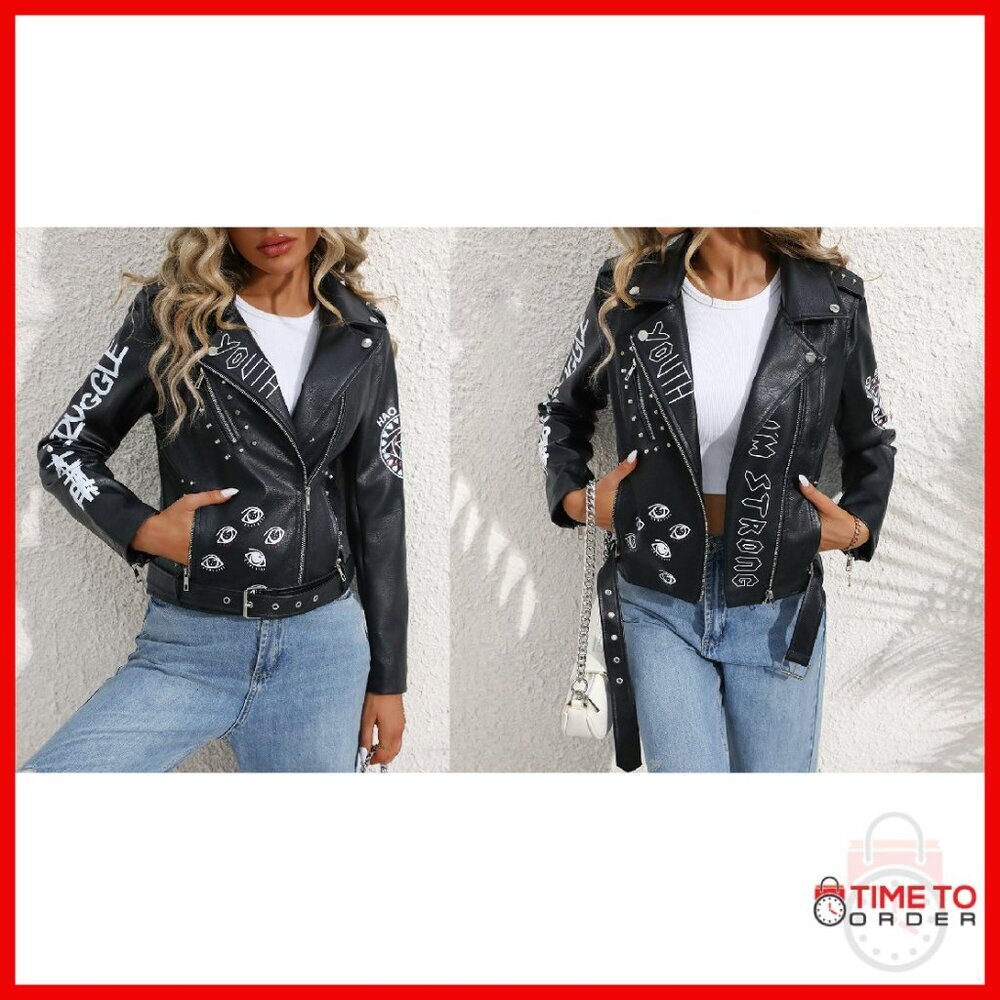Faux Leather Biker Jacket with Belt, Punk Style, Sizes S-XL - Picture 7 of 8